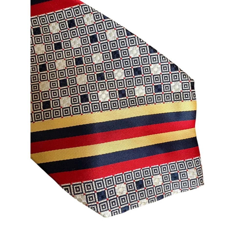 Kelly Men's Silk Tie Geometric Stripe Red Navy Gold Necktie 55" x 4"